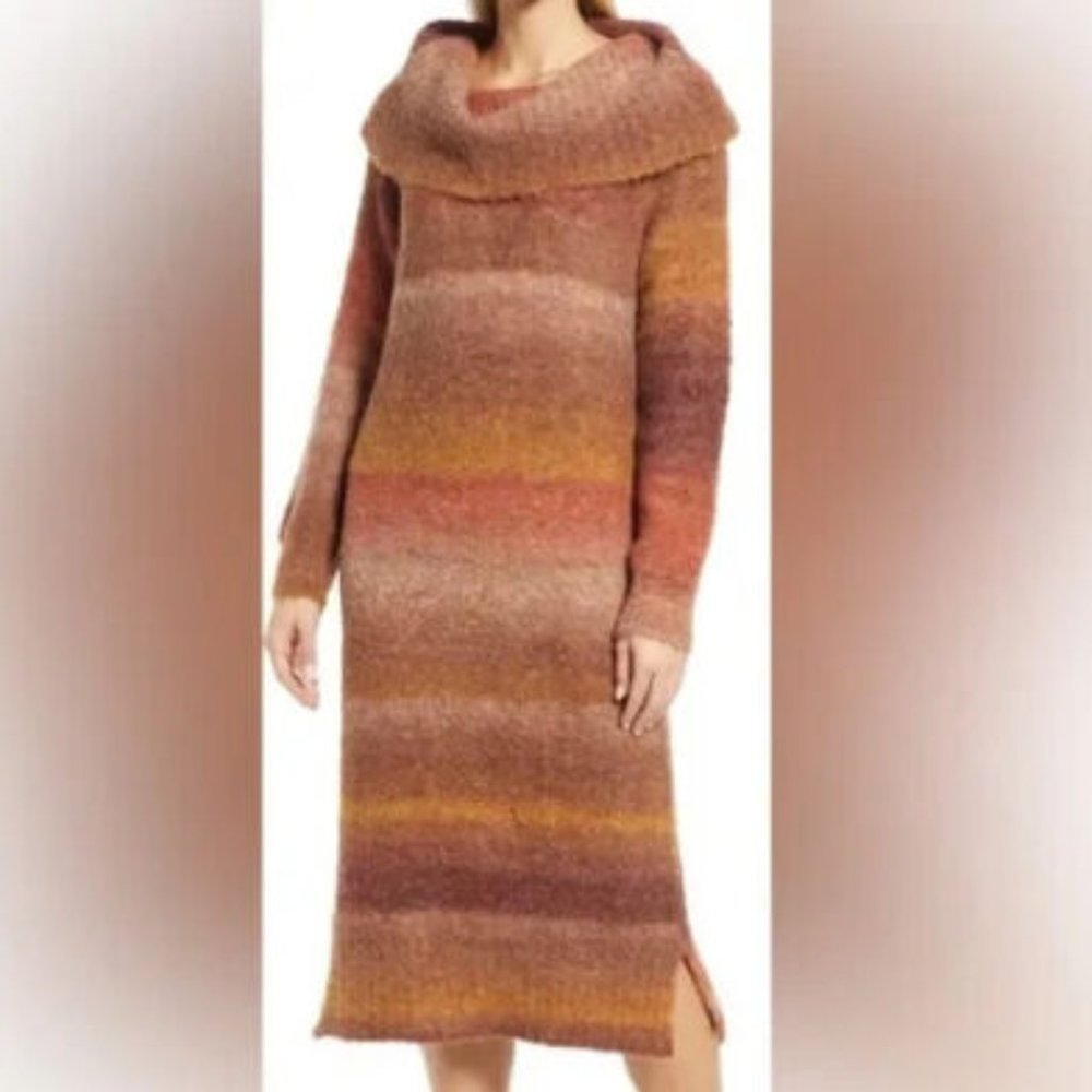 NWT Nordstrom CASLON brown Ombré Stripe Long Sleeve Sweater Dress tall S-M New